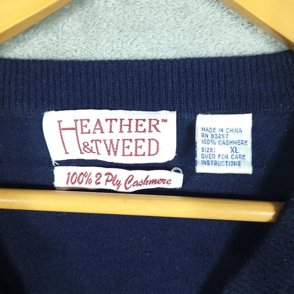Heather & Tweed Sweater Mens XL Navy Blue 100% 2-Ply Cashmere V-Neck Pullover